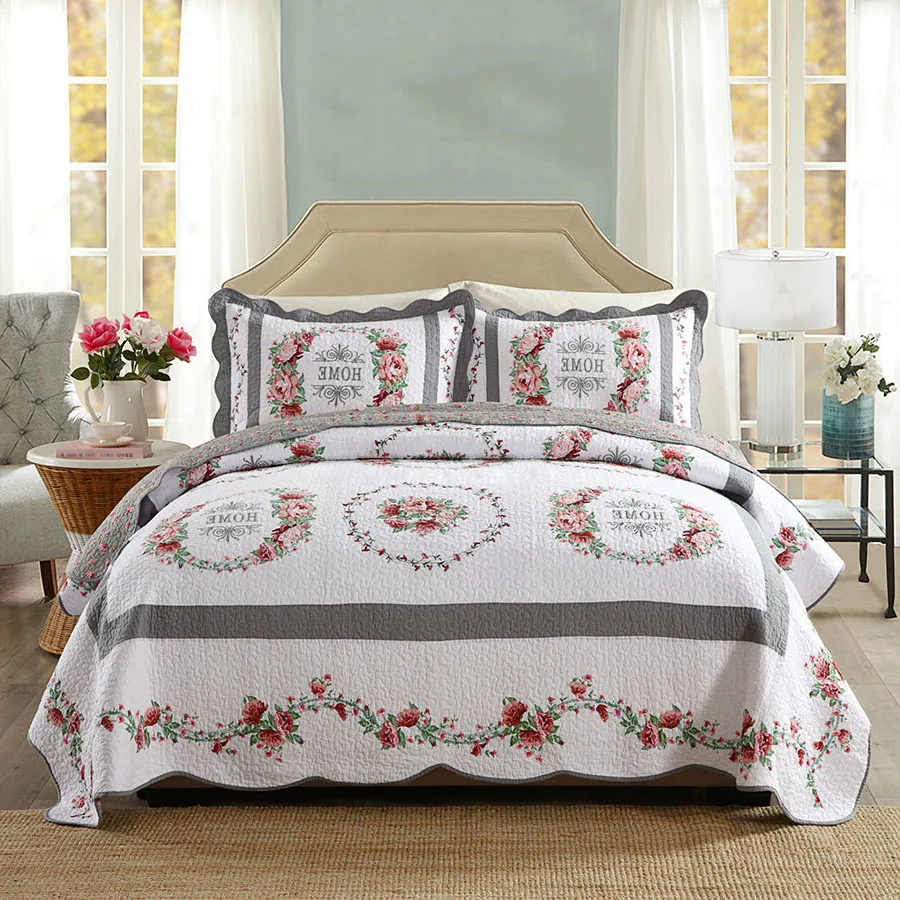 Quality Patchwork Quilt Set 3PCS Quilted Bedspread 1 Pillowcase 2 