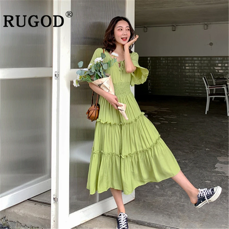 RUGOD корейское Платье макси с оборками женское Элегантное летнее пляжное платье