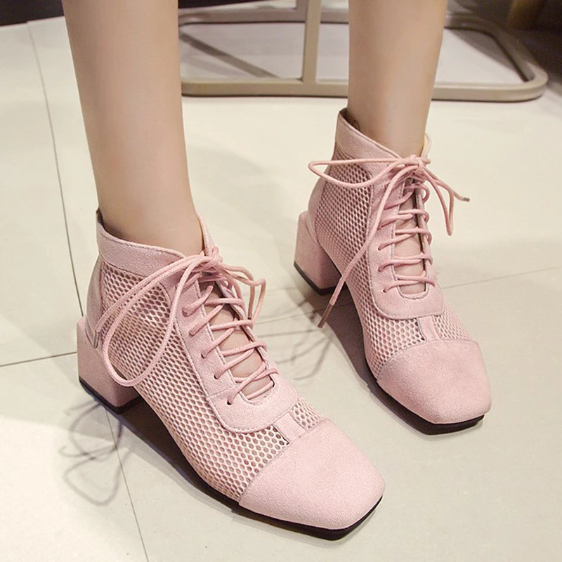 

SAILING LU Sandals Women Summer Fashion Heels Ladies Shoes Pink Black Lace Up Zip Mid Heels Shoes Breathable Square Head XWZ5996