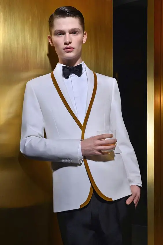Последние конструкции пальто брюки белый золотой отделкой смокинг куртка Пром мужской костюм Slim Fit пользовательские 2 шт. Костюмы жениха
