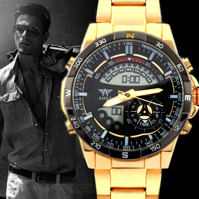

AMST/3009 Mens Watches Analog Digital Led Sports Watches Men Gold Plated Clock Dual Time Military Watches Male Relogio Masculino