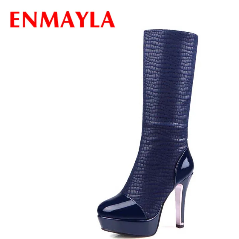 

Airfour New Fashion Style Winter Boots for Women Prints Thin High Heels Round Toe Slip-On Mid-Calf Lady Shoes Large Size 34-47