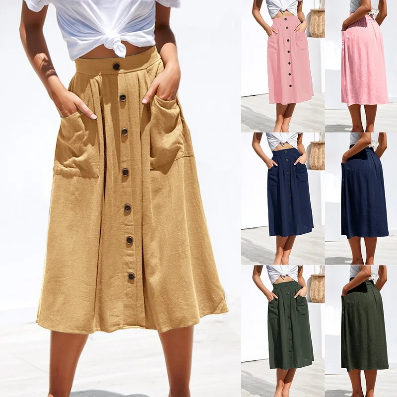 Cysincos летняя модная женская однотонная однобортная юбка средней длины с высокой талией и карманами, элегантная юбка миди