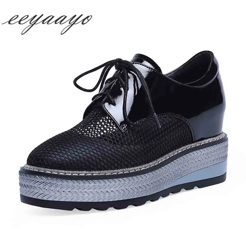 

2019 New Summer Genuine Leather Women Pumps High Increased Internal Heel Lace-Up Fashion Causal Women Platform Shoes Black Pumps