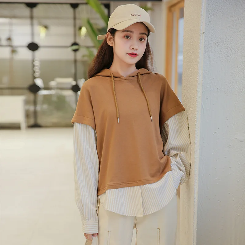 

Hooded Sweatshirt Women Fake Two Piece Striped Splice Cotton Preppy Style Causal Boyfriend Bluzy Damskie Women Clothes TQ0255W