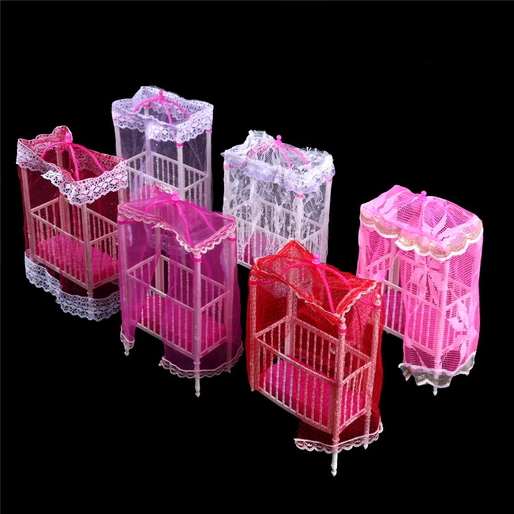 

1PC Plastic Cot Bed with Bed Net for Dolls Kawaii Dollhouse Bedroom Decor Dollhouse Miniature Furniture Color Randomly