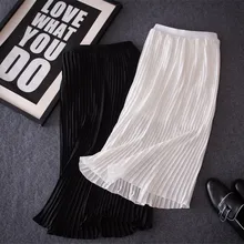 Сезон: весна–лето Для женщин Плиссированные Длинные юбки для дам в Корейском стиле Винтаж элегантные пикантные c высокой талией, эластичные шифоновое платье трапециевидной формы черный, белый цвет юбка