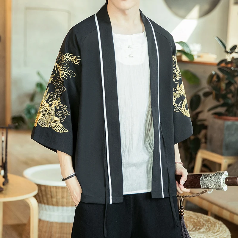 

2019 Men Cardigan Jackets Men Kimono Traditional Open Stitch Jacket Male Three Quarter Sleeve Loose Coats Harajuku Cardigan