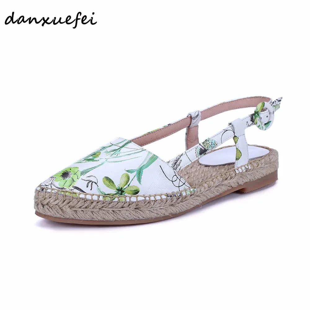 

Women's genuine leather printed flower slip-on flats sandals brand designer pointed toe hemp sole leisure summer comfort shoes