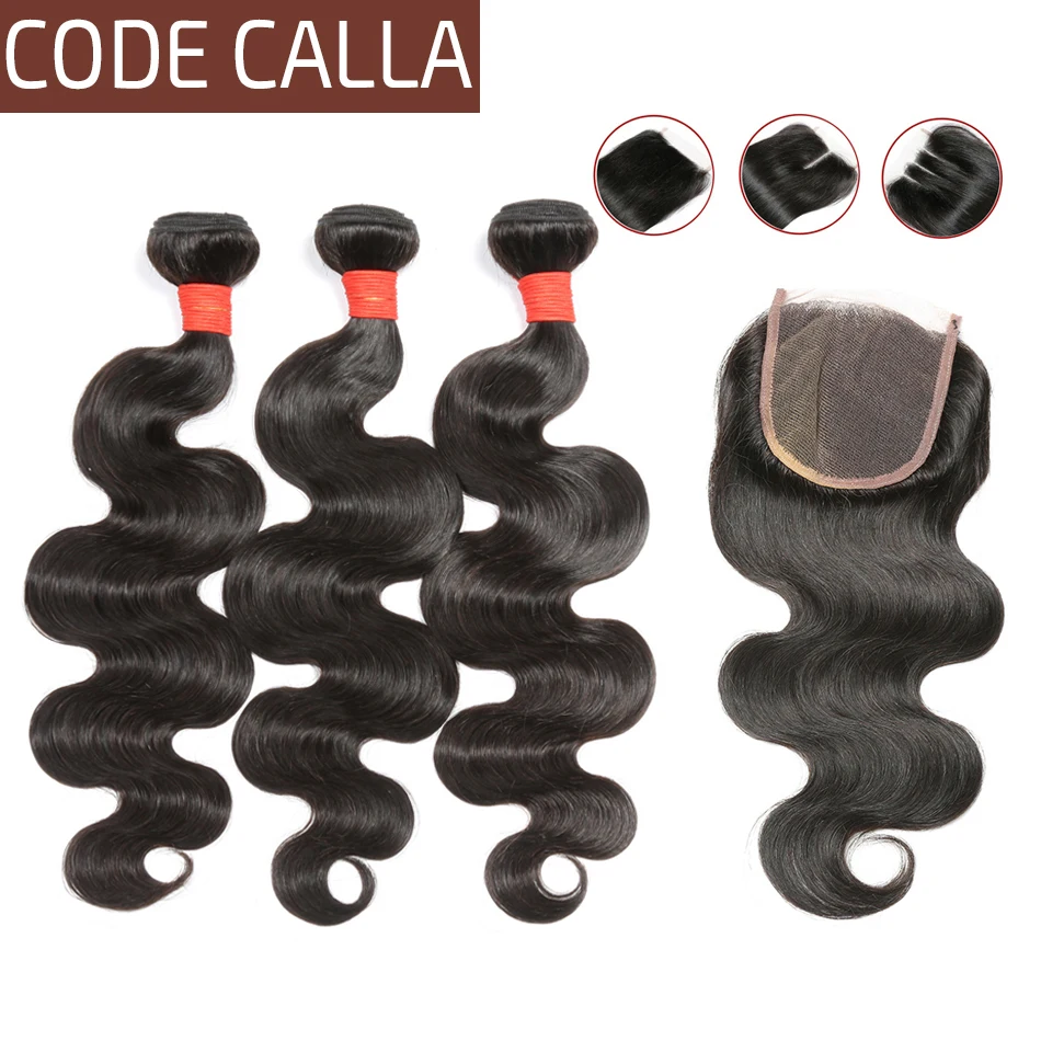 

Code Calla 100g Pre-colored Raw Virgin Body Wave Human Hair Unprocessed Peruvian Hair Bundles With 4*4 Closure Natural Black