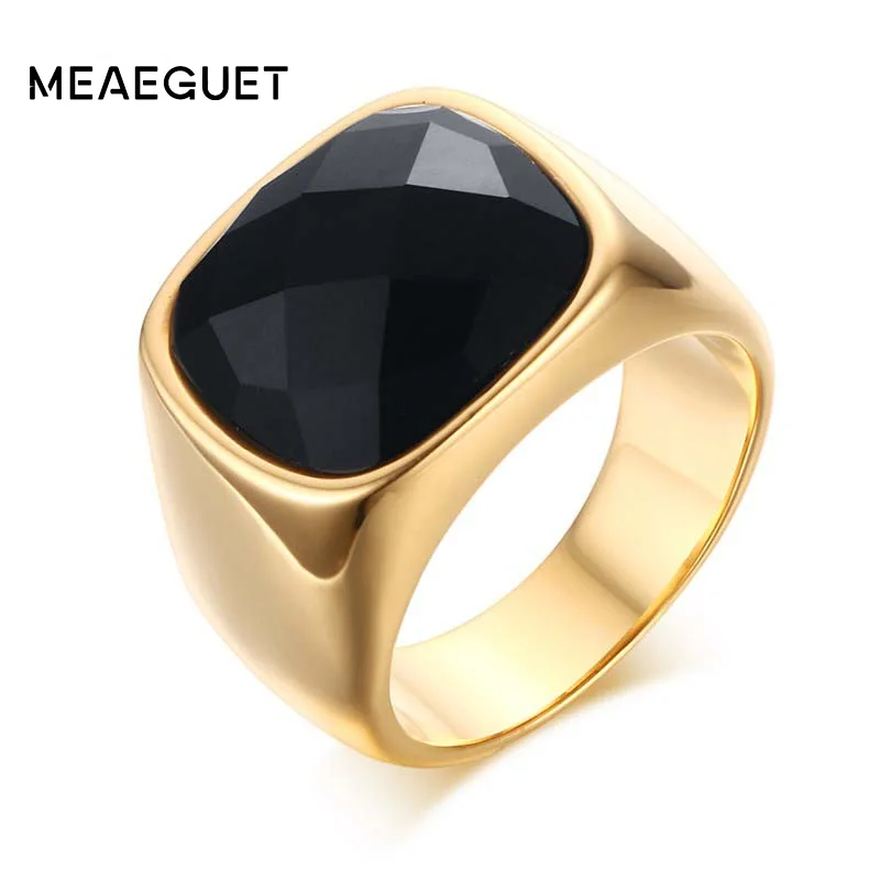 Meaeguet Gent's Jewelry Vintage Rings Gold-Color Stainless Steel Ring Man's Black Onyx Wedding Ring