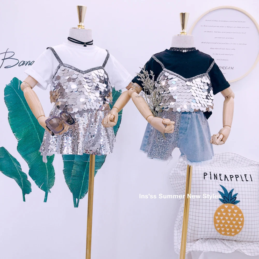 

Kids 2019 summer new girls fake two short-sleeved T-shirt baby Western style sequined T-shirt
