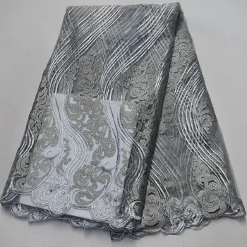 

Free shipping (5yards/pc) newest arrival African French net lace fabric in grey with wonderful embroidery for party dress FLP977