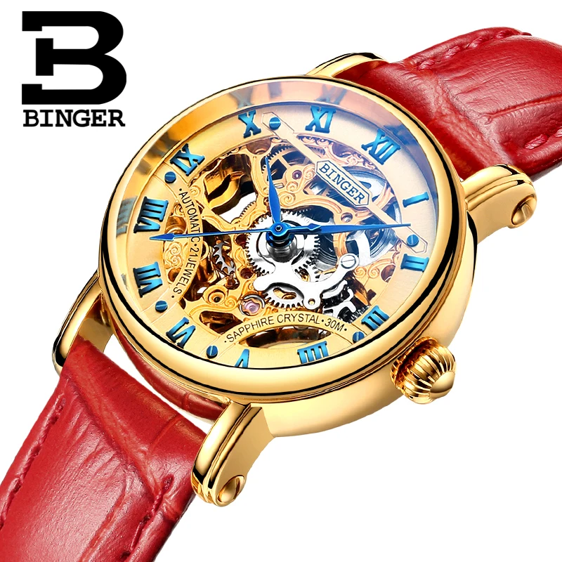 Relógio de Ouro Amantes de Relógios à Prova Água de Couro Relógio de Pulso Luxo Sapphire Relógio Mecânico Mulheres Auto Winding Skeleton Romanos d’ Vermelho Montre