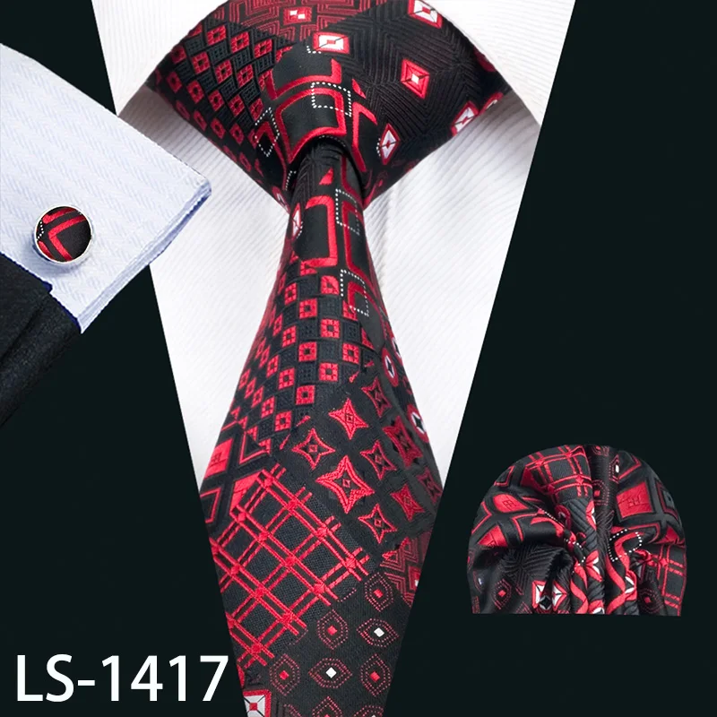 LS-704, мужской галстук, шелк, красный, в клетку, жаккардовый, тканый, свадебный галстук, Barry.Wang, Hanky, запонки, набор, галстук для мужчин, деловые, вечерние - Цвет: LS-1417