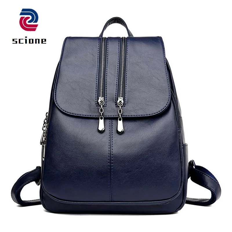 

New 2019 Casual Double Zipper Female Backpack School Bag For Girls High Quality Leather Backpacks Shoulder Bag Women Travel Bag