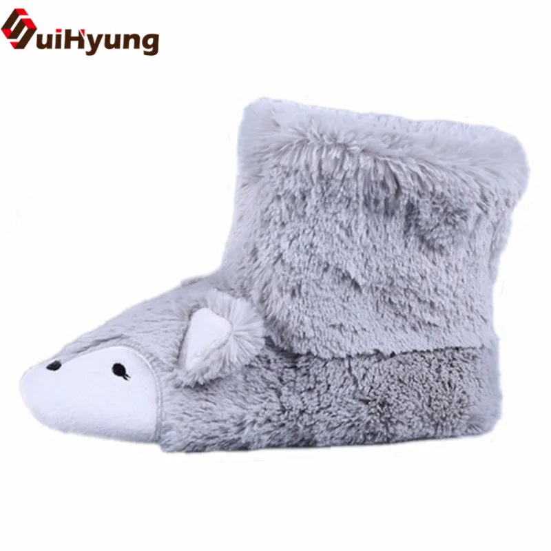 

Suihyung New Winter Warm Women Plush Boots Animal Prints Flock Indoor Shoes Faux Fox Fur Mid-calf Slip-on Flat Round Toe Botas