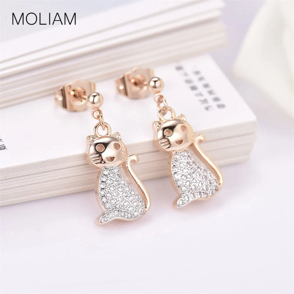 

MOLIAM Lovely Cute Cat Design Earrings for Women Gold-Color Cubic Zirconia Animal Dangle Drop Earring Brinco Jewelry MLE620