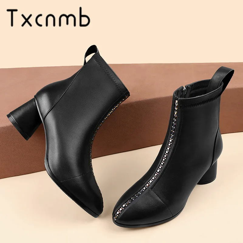 

TXCNMB 2019 New Boots Women Genuine Leather High Heels Ankle Boots Zipper Office Round Toe Short Ladies Shoes Woman Szie 42 43