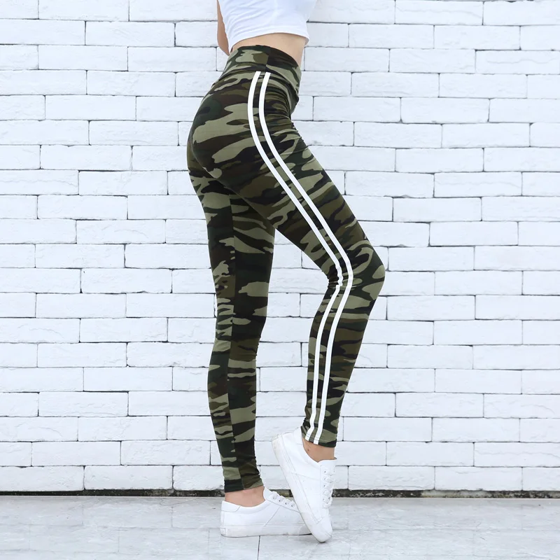 

Fitness Camo Prints Legging Two Side White Stripes Skinny Leggings Elastic Waist Women Stretchy Workout Leggings Casual Leggings