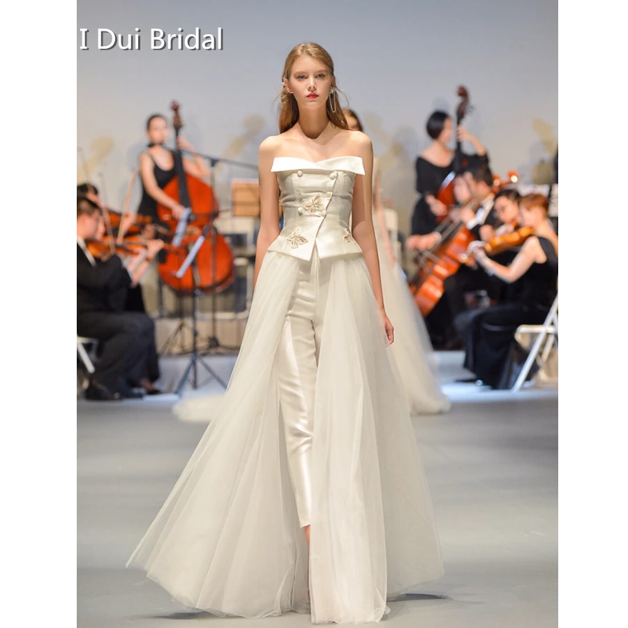 

Suit Trousers Skirt Wedding Dress Unique New Design Satin Tulle Bridal Wear