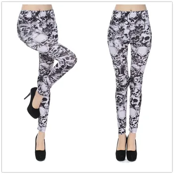 

Fashion Elastic black and white skull leggings milk silk printing pants Women Leggings L1077