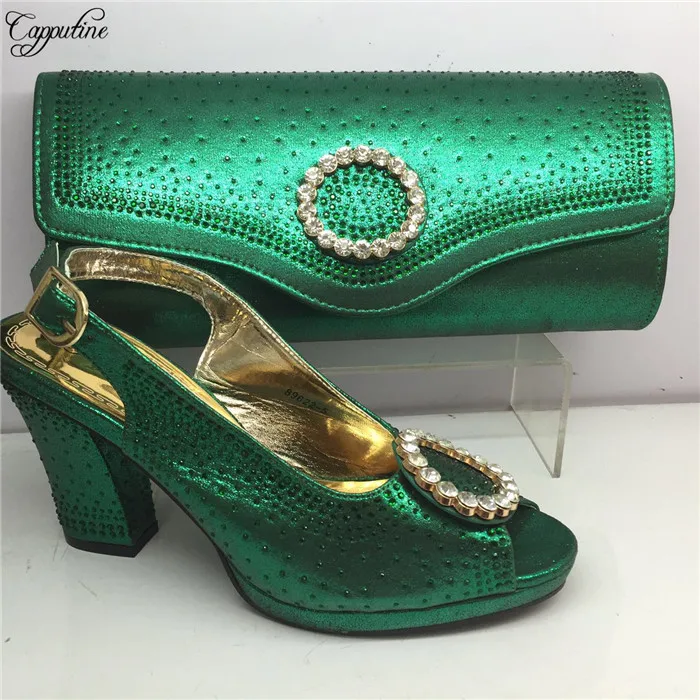 Popular green party sets matching with shoes and purse bag set nice stones GY35 heel height 7cm | Обувь