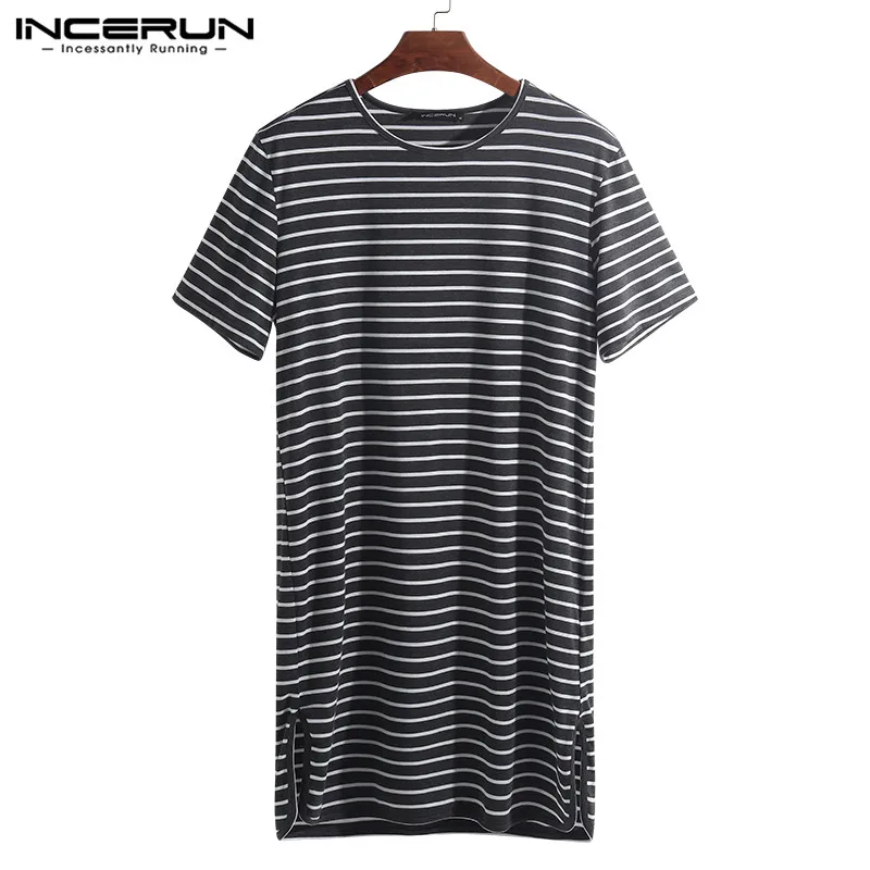 INCERUN/ полосатая Мужская одежда для сна, топы для сна с круглым вырезом, свободные футболки с короткими рукавами, удобные мужские домашние футболки для отдыха - Цвет: Gray