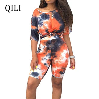 

QILI Print Two Piece Set Women Crop Tops and Biker Shorts Sweat Suit 2 Piece Outfits Casual Tracksuit Matching Sets
