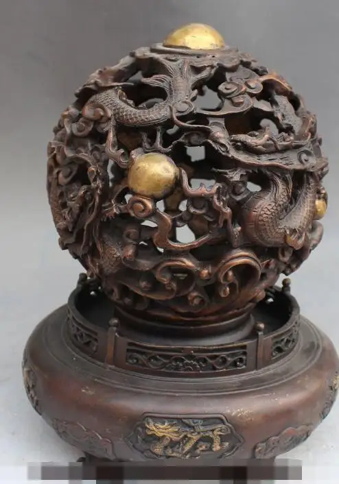 

S4740 Chinese Bronze Gilt Dragon Phoenix Lion Decoration Fengshui Rotary Ball Statue