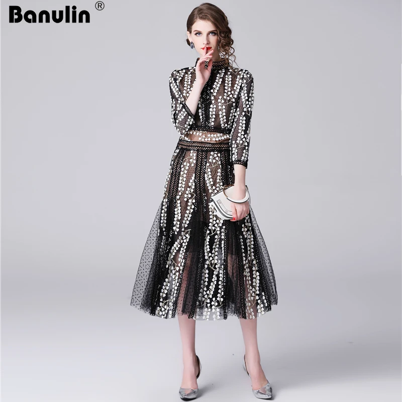 

Banulin HIGH QUALITY New Fashion 2019 Autumn Runway Party Dress Women's Long Sleeve Lace Gauze Embroidery Mid-calf Dress