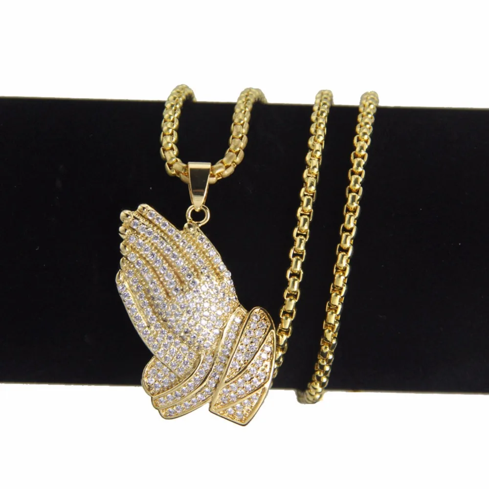 Хип хоп микро проложить Полный горный хрусталь из нержавеющей стали Iced Out Bling Молящиеся подвески в форме рук ожерелья для мужчин дропшиппинг