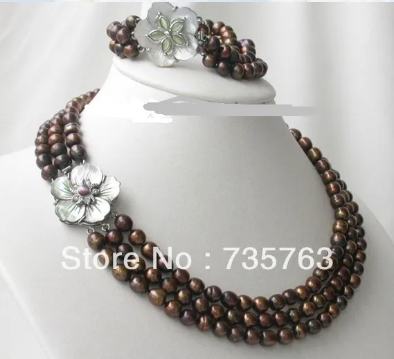 

xiuli 00174 3strands gold FW pearl Necklace&Bracelet set flower