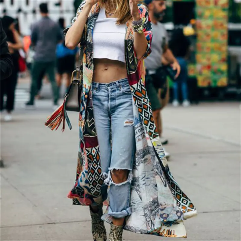  Fanco Bohemian Printed Half Sleeve Summer Beach Wear Long Kimono Cardigan Cotton Tunic Women Tops B