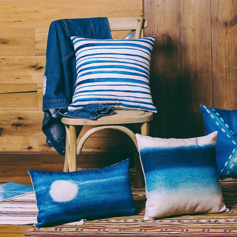Wholesales Cotton Linen Pillow Case Throw Decorative Cushion Cover Blue Watercolor Scandinavian ...