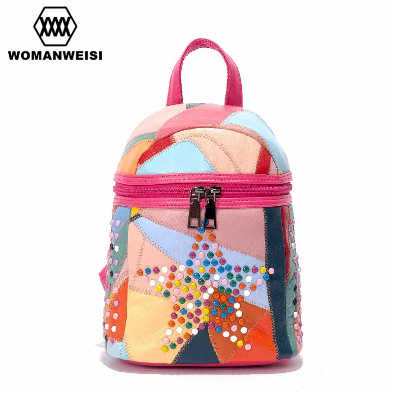 WOMANWEISI Brand 2017 Luxury Genuine Leather Women Backpacks For Teenage Girls Fashion Punk Female Bagpack School
