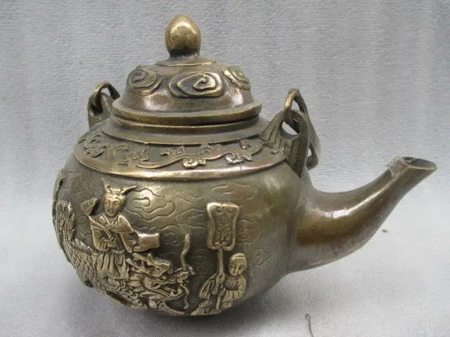 

Elaborate Chinese old copper hand-carved fairy riding on the unicorn auspicious teapot