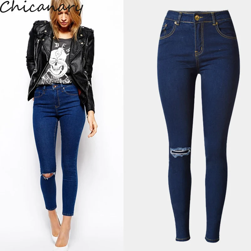 Beggar Jeans Women Hole Knee Ripped Pencil Pant High Waist Elastic Skinny Jeans Cotton Denim Pants