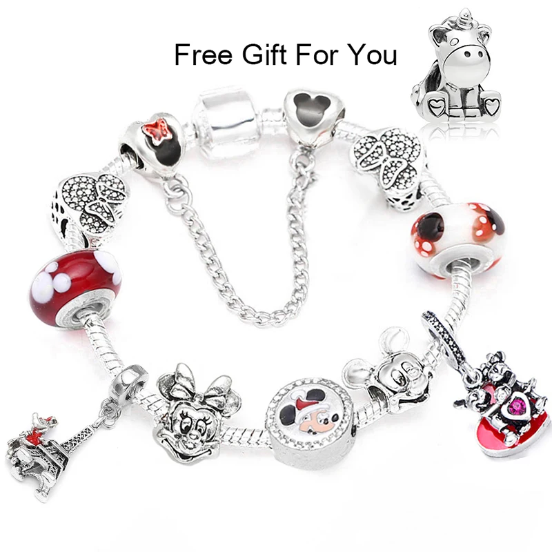

BAOPON Silver Cartoon Charm Bracelets For Women Mickey & Minnie's Love DIY Beads Fine Bracelets & Bangles Girl Kids Best Gift
