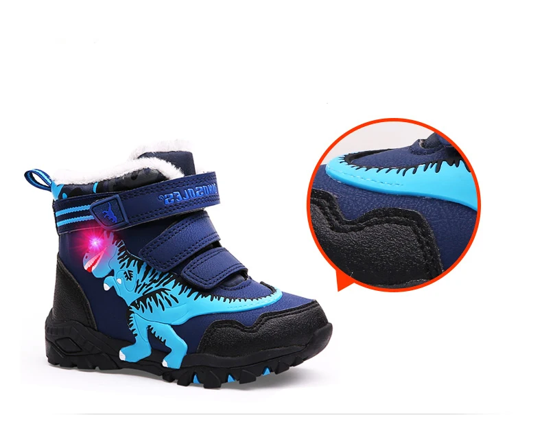 Dinoskulls Boys High Boots Children Warm Fleece Boots Kids Boys Winter Warm Shoes Light Up Led Shoes Boys T-REX Boots 27-34