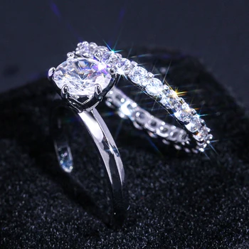 

Huitan Dazzling 2PC Bridal Finger Ring For Women With Round CZ Stone Micro Paved Proposal Engagement Jewelry Ring High Quality