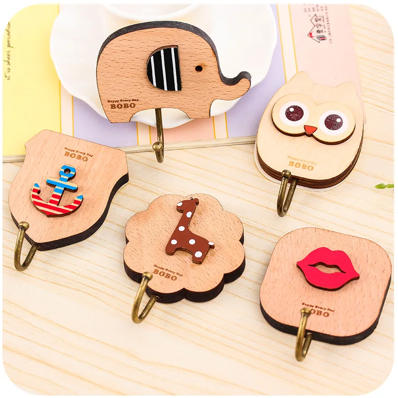 Multipurpose Creative Cute Cartoon Wooden Wall Hooks Self Adhesive Wall