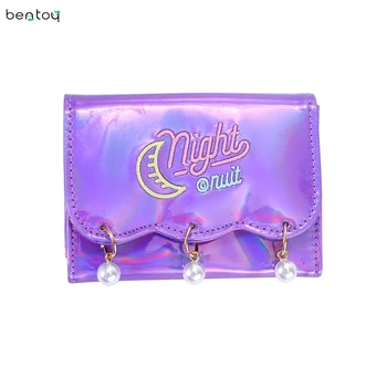 

Bentoy Women Laser Short Wallet Hologram Pu Moon Embroidery Pearl Wallet Female Zipper Clutch Coin Purse Card Holder Wallet Bag