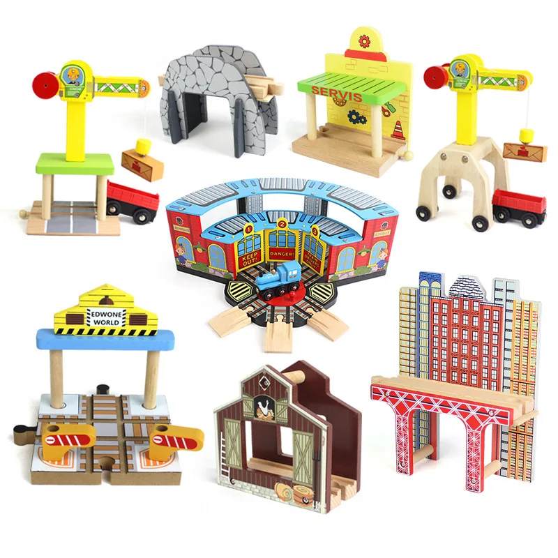 

10 Styles Large Crane Track One Set Move Crane Tender Wooden Train Collectable Toy Railway Accessories For Children