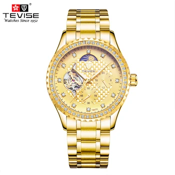 

TEVISE Mens Automatic T807C Self-Wind Watch Gold Stainless Steel Strap Moon Phase Tourbillon Luxury Fashion Skeleton Wristwatch