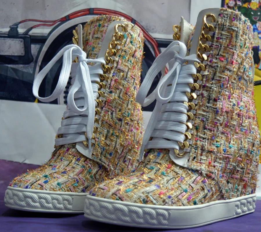 

Женские ботильоны из шерстяной ткани, на шнуровке, с металлическими цепочками