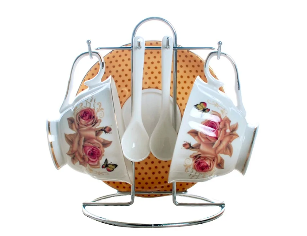 Jsaron Porcelain Gold Rose Erfly Tea Sets Elegant Coffee Mugs Jsaron Porcelain Gold Rose Erfly Tea Sets Elegant Coffee Mugs 6pieces With Metal Stand In One Set For 2 People From Home Garden