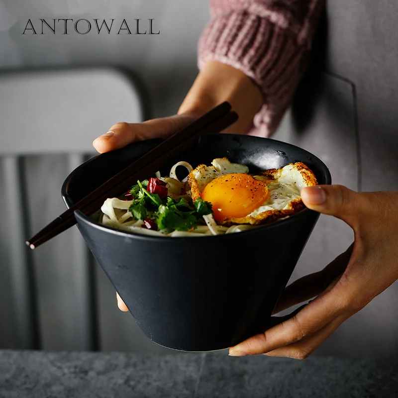 

ANTOWALL Personalized Matte Black White Bowl with Notch Ramen Instant Noodle Bowl Tableware Restaurant Household Large Soup Bowl