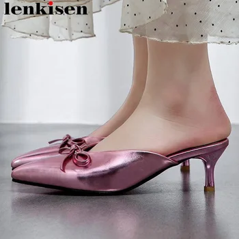 

Lenkisen PU material bowtie kitten med heels slip on mules oxford pointed toe elegant lady pumps movie stars plus size shoes L26