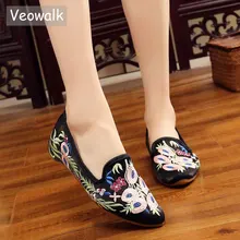 Veowalk/Женская обувь на плоской подошве в китайском национальном стиле; винтажные удобные балетки с вышивкой и острым носком без застежки; женская мягкая обувь; zapatos mujer